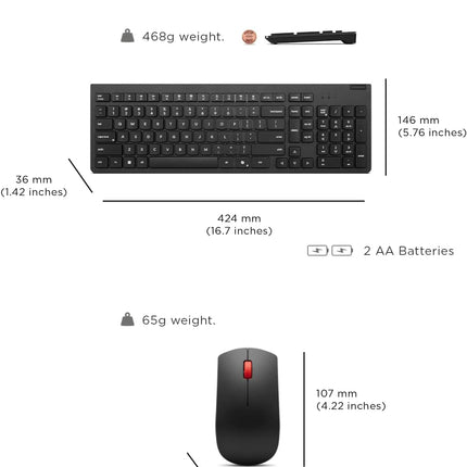 Lenovo Essential Wireless Combo Keyboard & Mouse Gen 2 US English, 2.4 GHz Wireless USB Connection, AES-128 Encryption for the Keyboard, Full-Size Right or Left Hand Optical Sensor Mouse, Black
