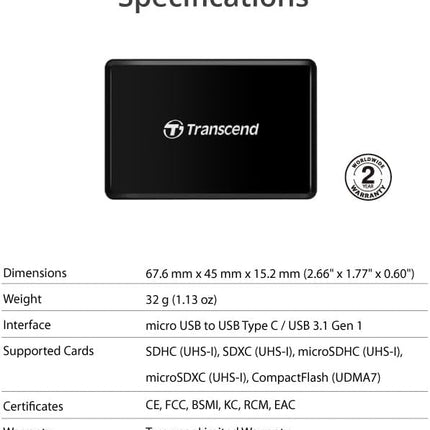 TRANSCEND TS-RDC8K All-in-1 Multi Memory Card Reader, USB 3.1 Gen 1 with a reeversible Type-C