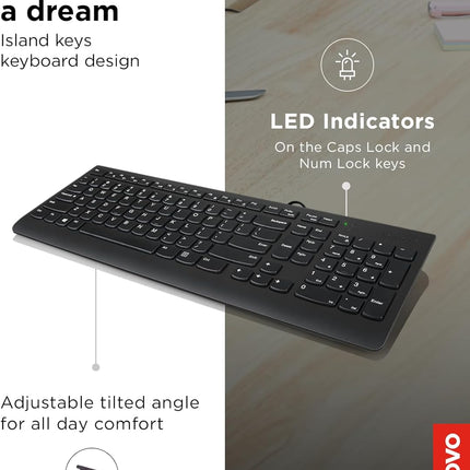 Lenovo 300 USB Keyboard, Wired, Adjustable Tilt, Ergonomic, Windows 7/8/10, GX30M39655, Black