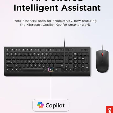 Lenovo Essential Wired Keyboard & Mouse Combo - US English, Adjustable Feet, Spill Resistant Keys, Full Size Ambidextrous Optical Mouse, 1600 DPI, Black