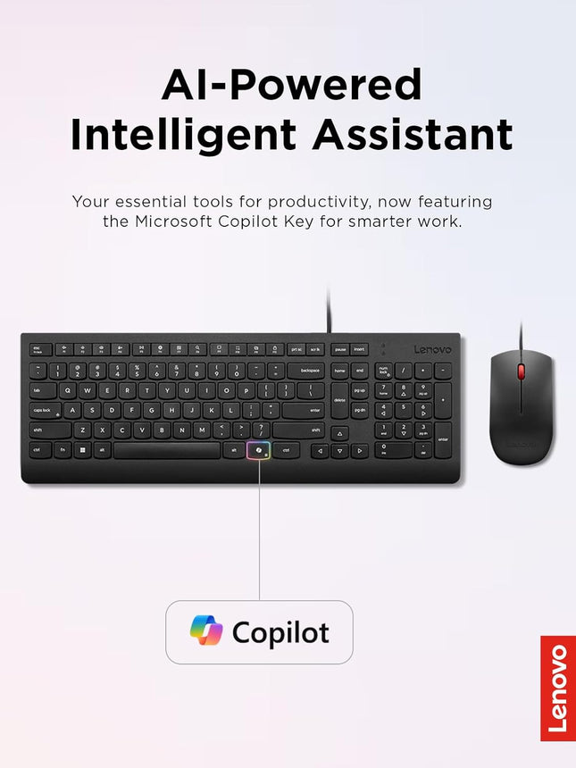 Lenovo Essential Wired Keyboard & Mouse Combo - US English, Adjustable Feet, Spill Resistant Keys, Full Size Ambidextrous Optical Mouse, 1600 DPI, Black