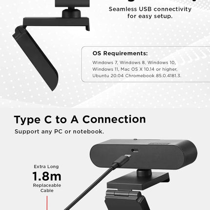 Lenovo Performance FHD Webcam, 1080p FHD, USB-C,Log-on with Windows Hello, Dual Microphones, 95 Degree Lens and 4X Digital Zoom, Sliding Privacy Shutter, Black