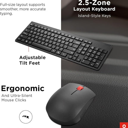 Lenovo Essential Wireless Combo Keyboard & Mouse Gen 2 US English, 2.4 GHz Wireless USB Connection, AES-128 Encryption for the Keyboard, Full-Size Right or Left Hand Optical Sensor Mouse, Black
