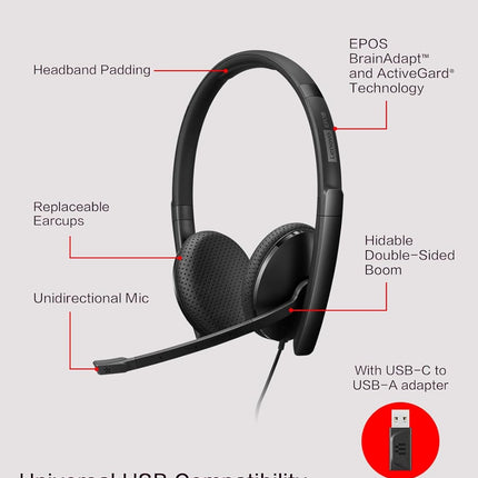 Lenovo Wired VoIP Headset (Teams) with EPOS BrainAdapt & ActiveGard, Microsoft Teams Certified, Zoom Compatible, USB-C Plug, All-Day Comfort, Noise Reduction, Hearing Protection, Lightweight Design
