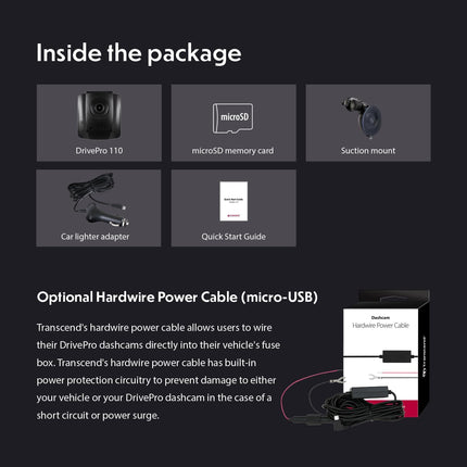 Transcend DrivePro 110 Car Video Recorder Dash Cam Full HD 1080p/30FPS 64GB Micro SD Card Included