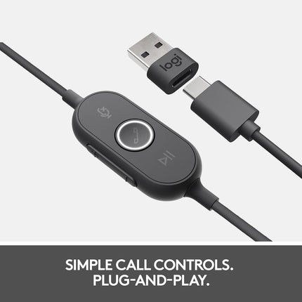 Logitech Zone 750 Wired On-Ear Headset with Advanced Noise-Canceling Microphone, Simple USB-C and Included USB-A Adapter, Plug-and-Play Compatibility for All Devices, Graphite