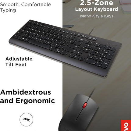 Lenovo Essential Wired Keyboard & Mouse Combo - US English, Adjustable Feet, Spill Resistant Keys, Full Size Ambidextrous Optical Mouse, 1600 DPI, Black