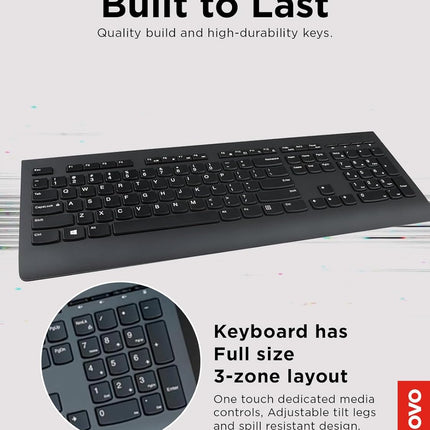 Lenovo Professional Wireless Keyboard and Mouse Combo, 2.4 GHz USB Wireless Receiver, Full Size Ambidextrous Mouse, 24 Month Battery Life, Black