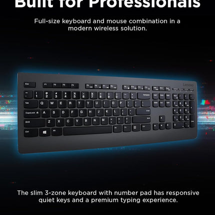Lenovo Professional Wireless Keyboard and Mouse Combo, 2.4 GHz USB Wireless Receiver, Full Size Ambidextrous Mouse, 24 Month Battery Life, Black