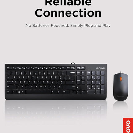 Lenovo 300 USB Combo, Full-Size Wired Keyboard & Mouse, Ergonomic, Left or Right Hand Mouse, Optical Mouse, GX30M39606, Black