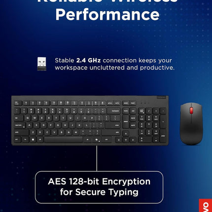 Lenovo Essential Wireless Combo Keyboard & Mouse Gen 2 US English, 2.4 GHz Wireless USB Connection, AES-128 Encryption for the Keyboard, Full-Size Right or Left Hand Optical Sensor Mouse, Black