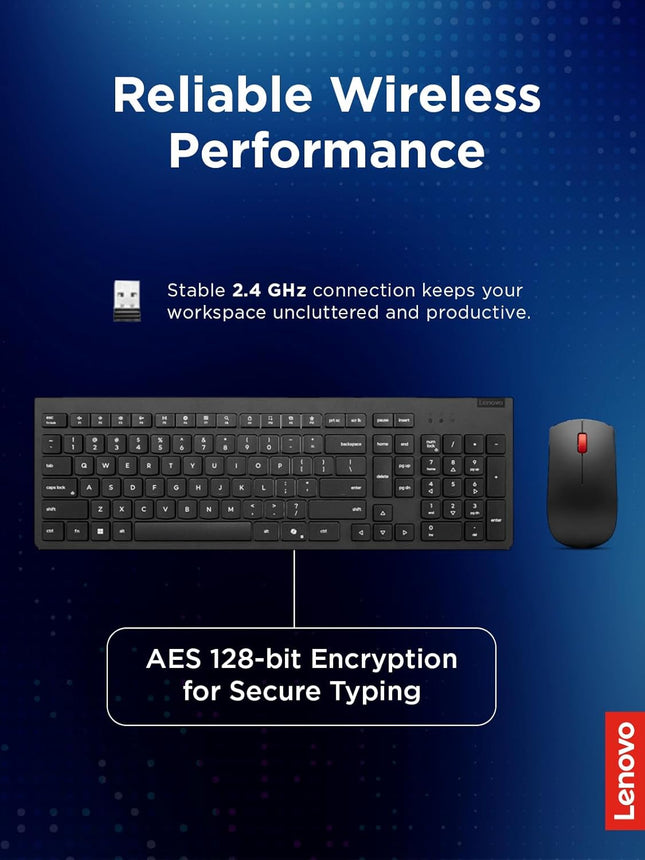 Lenovo Essential Wireless Combo Keyboard & Mouse Gen 2 US English, 2.4 GHz Wireless USB Connection, AES-128 Encryption for the Keyboard, Full-Size Right or Left Hand Optical Sensor Mouse, Black