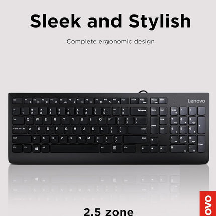 Lenovo 300 USB Keyboard, Wired, Adjustable Tilt, Ergonomic, Windows 7/8/10, GX30M39655, Black