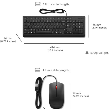 Lenovo Essential Wired Keyboard & Mouse Combo - US English, Adjustable Feet, Spill Resistant Keys, Full Size Ambidextrous Optical Mouse, 1600 DPI, Black