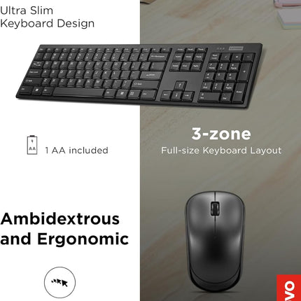 Lenovo 100 Wireless Keyboard and Mouse Combo – Cordless Set with Spill Resistant Quiet Keys – 3-Zone Keyboard - Ambidextrous Mouse – Compact Design – Wireless USB -Black