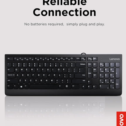 Lenovo 300 USB Keyboard, Wired, Adjustable Tilt, Ergonomic, Windows 7/8/10, GX30M39655, Black