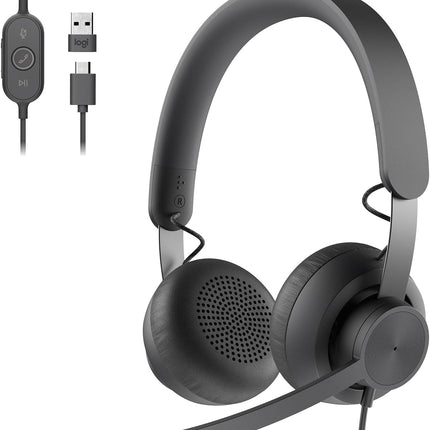 Logitech Zone 750 Wired On-Ear Headset with Advanced Noise-Canceling Microphone, Simple USB-C and Included USB-A Adapter, Plug-and-Play Compatibility for All Devices, Graphite