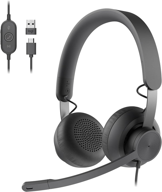 Logitech Zone 750 Wired On-Ear Headset with Advanced Noise-Canceling Microphone, Simple USB-C and Included USB-A Adapter, Plug-and-Play Compatibility for All Devices, Graphite