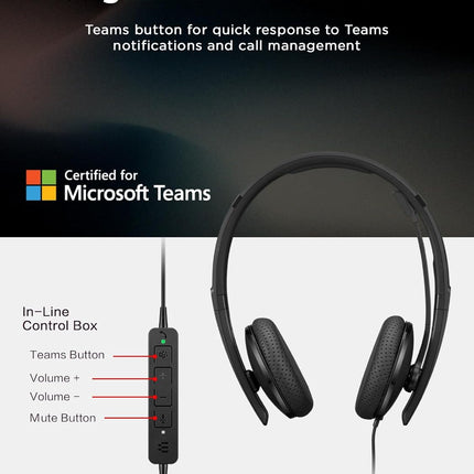 Lenovo Wired VoIP Headset (Teams) with EPOS BrainAdapt & ActiveGard, Microsoft Teams Certified, Zoom Compatible, USB-C Plug, All-Day Comfort, Noise Reduction, Hearing Protection, Lightweight Design