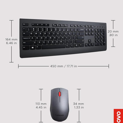 Lenovo Professional Wireless Keyboard and Mouse Combo, 2.4 GHz USB Wireless Receiver, Full Size Ambidextrous Mouse, 24 Month Battery Life, Black