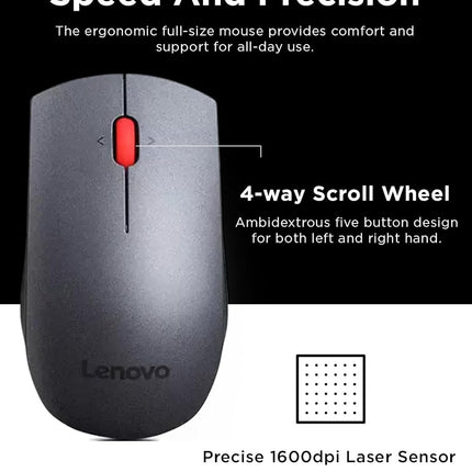 Lenovo Professional Wireless Keyboard and Mouse Combo, 2.4 GHz USB Wireless Receiver, Full Size Ambidextrous Mouse, 24 Month Battery Life, Black