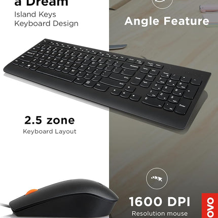 Lenovo 300 USB Combo, Full-Size Wired Keyboard & Mouse, Ergonomic, Left or Right Hand Mouse, Optical Mouse, GX30M39606, Black