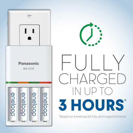 Panasonic K-KJ55M3A4BA Advanced Individual Battery 3 Hour Quick Charger with 4 AAA eneloop Rechargeable Batteries, White