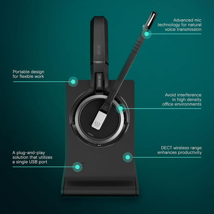 EPOS Impact 5000 Go MS Stereo Wireless Headset – Premium DECT Technology, Teams Certified, Noise-Cancelling Mic, Long-Range Freedom & Foldable Charging Stand