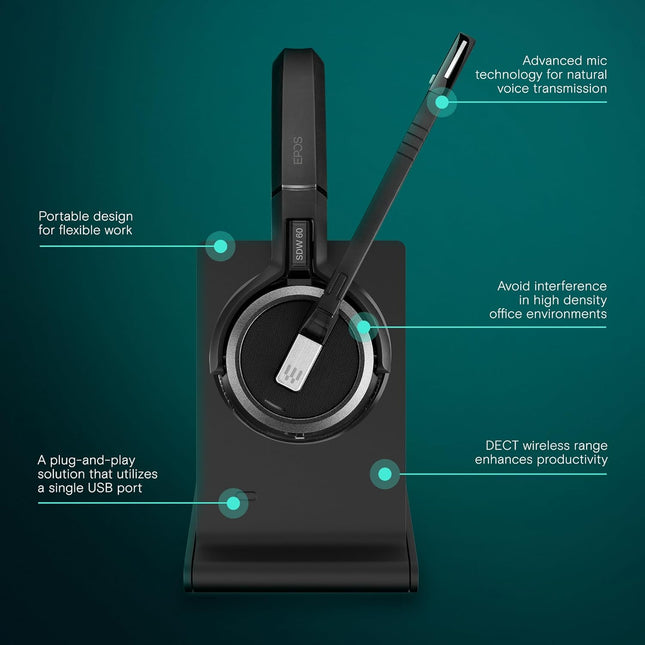EPOS Impact 5000 Go MS Stereo Wireless Headset – Premium DECT Technology, Teams Certified, Noise-Cancelling Mic, Long-Range Freedom & Foldable Charging Stand