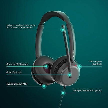 EPOS Impact 860T ANC Dual-Sided Wired Headset with Active Noise Cancellation, Microsoft Teams Certified, USB C and USB A, Super Wideband Audio, Ideal for Office Calls, Zoom, Home & Hybrid Work
