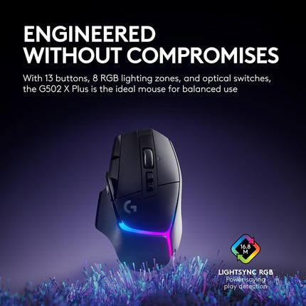 Logitech G502 X Plus Wireless Gaming Mouse: Optical Switches, LIGHTSYNC RGB, 13 Buttons, Infinite Scroll Toggle, <130 hr Battery Life, USB-C, PowerPlay Wireless Charging Capable, for PC/MacOS