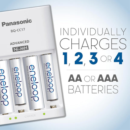 Panasonic K-KJ17M3A4BA Cell Battery Charger with eneloop AAA New 2100 Cycle Rechargeable Batteries, 4 Pack