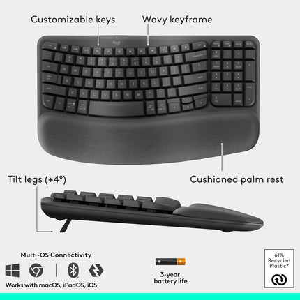 Logitech Wave Keys & Lift Vertical Mouse - Ergonomic Wireless Keyboard and Mouse Combo - with Cushioned Palm Rest, Easy-Switch, Bluetooth, for Multi-OS, Windows/Mac