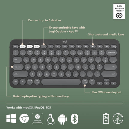 Logitech Pebble Keys 2 K380s, Multi-Device Bluetooth Wireless Keyboard with Customizable Shortcuts, Slim and Portable, Easy-Switch for Windows, macOS, iPadOS, Android, Chrome OS