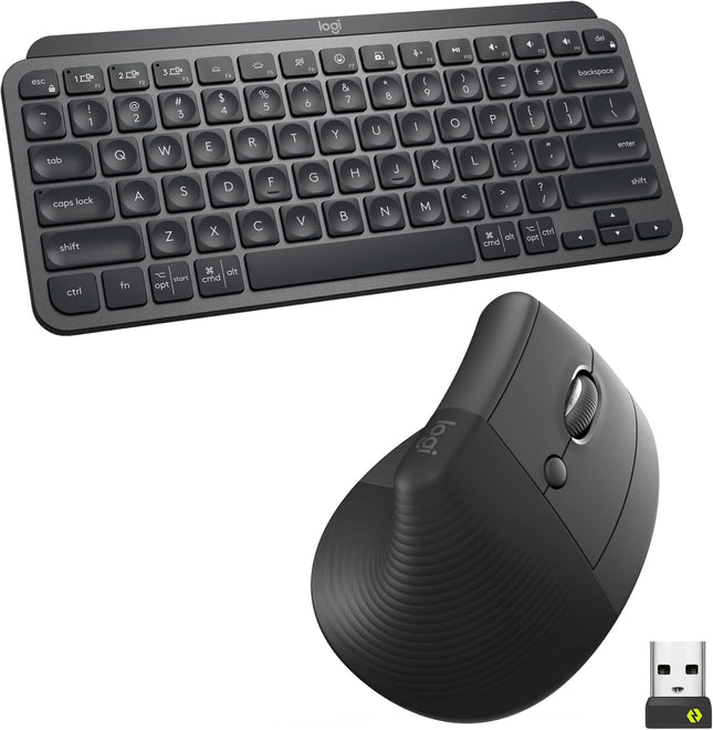 Logitech MX Keys Mini Keyboard and Lift Vertical Ergonomic Mouse Combo - Wireless, Backlit Keys, Bluetooth or Logi Bolt USB Receiver, Quiet, Windows/macOS/iPadOS, Laptop, PC - Graphite