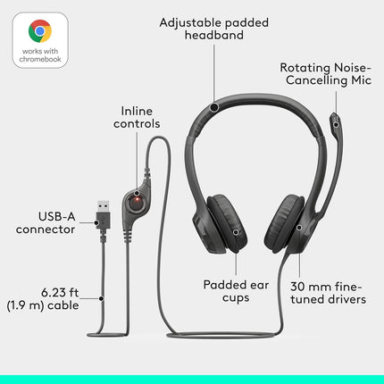 Logitech H390 Wired Headset for PC/Laptop, Stereo Headphones with Noise Cancelling Microphone, USB-A, in-Line Controls, Works with Chromebook