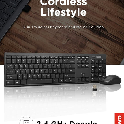 Lenovo 100 Wireless Keyboard and Mouse Combo – Cordless Set with Spill Resistant Quiet Keys – 3-Zone Keyboard - Ambidextrous Mouse – Compact Design – Wireless USB -Black
