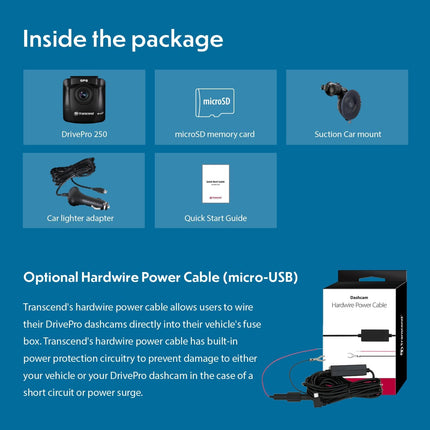 Transcend 32GB, Dashcam, DrivePro 250, Suction Mount, Sony Sensor, GPS, Black, TS-DP250A-32G