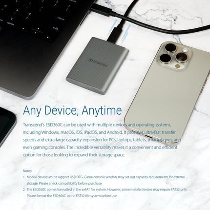 Transcend , External Solild State Drive, Portable SSD, Compatible w/iPhone 4K ProRes, Up to 2000 MB/s,Type C
