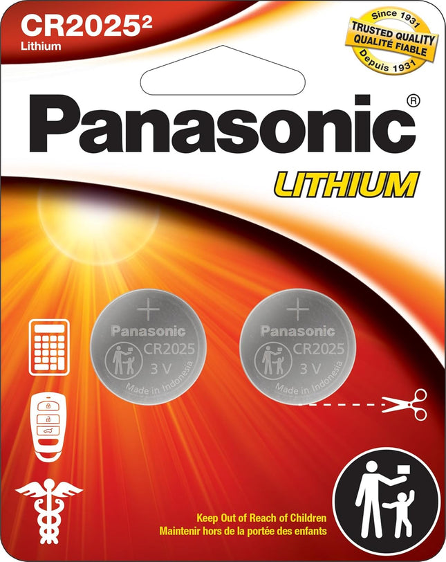 Panasonic CR2025 3.0 Volt Long Lasting Lithium Coin Cell Batteries in Child Resistant, Standards Based Packaging
