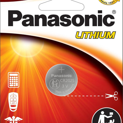 Piles bouton au lithium longue durée 3,0 volts Panasonic CR2025 sous emballage à l'épreuve des enfants, conforme aux normes