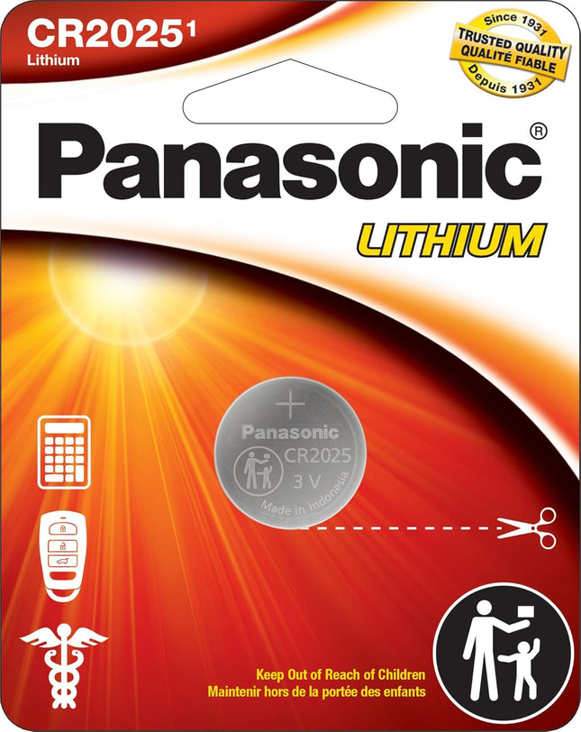 Panasonic CR2025 3.0 Volt Long Lasting Lithium Coin Cell Batteries in Child Resistant, Standards Based Packaging