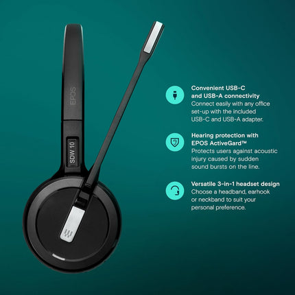 EPOS Impact 5000 Go MS 3-in-1 Wireless DECT Headset with USB-A Dongle, Foldable Charge Stand, Microsoft Teams Certified, Noise-Cancelling Mic, Up to 135m Range