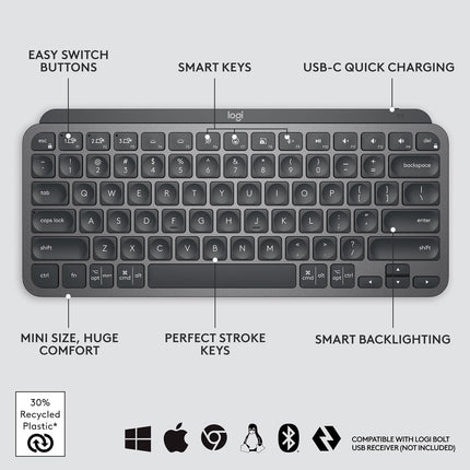 Logitech MX Keys Mini Minimalist Wireless Illuminated Keyboard, Compact, Bluetooth, Backlit, USB-C, Compatible with Apple macOS, iOS, Windows, Linux, Android, Metal Build - Graphite