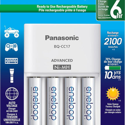 Panasonic K-KJ17M3A4BA Cell Battery Charger with eneloop AAA New 2100 Cycle Rechargeable Batteries, 4 Pack
