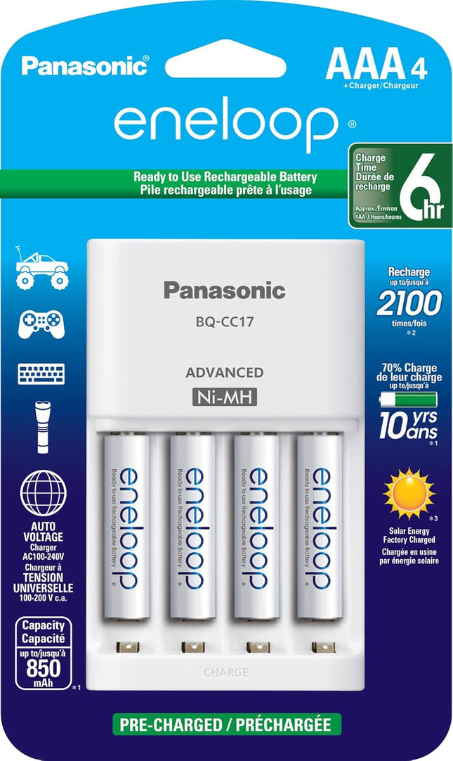 Panasonic K-KJ17M3A4BA Cell Battery Charger with eneloop AAA New 2100 Cycle Rechargeable Batteries, 4 Pack