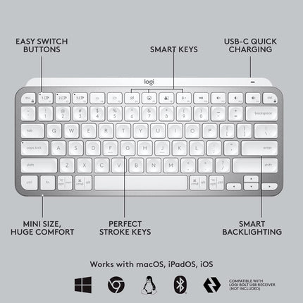 Logitech MX Keys Mini Keyboard and Lift Vertical Ergonomic Mouse Combo - Wireless, Backlit Keys, Bluetooth or Logi Bolt USB Receiver, Quiet, Windows/macOS/iPadOS, Laptop, PC - Graphite