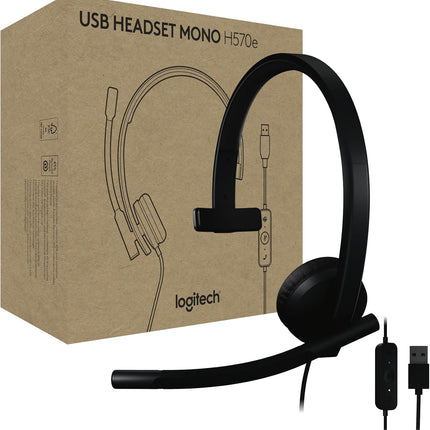 Logitech H570e Wired Headset, Mono Headphones with Noise-Cancelling Microphone, USB, in-Line Controls with Mute Button, Indicator LED, PC/Mac/Laptop - Black