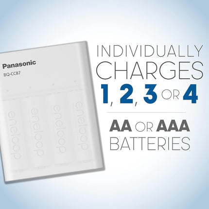 Panasonic K-KJ87M3A4BA Individual Battery Charger with Portable Charging Technology and 4AAA eneloop Rechargeable Batteries