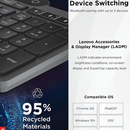 Lenovo 800 Bluetooth Wireless Keyboard with Backlight for Charging, Bluetooth 5.1, Supports 3 Devices, Battery-Free, Wireless, Grey